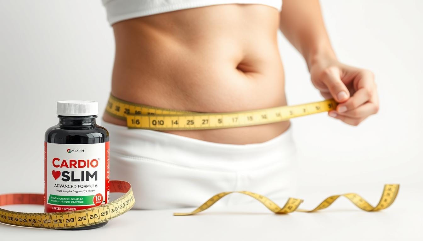 Person measuring waist with tape measure next to CardioSlim advanced formula bottle