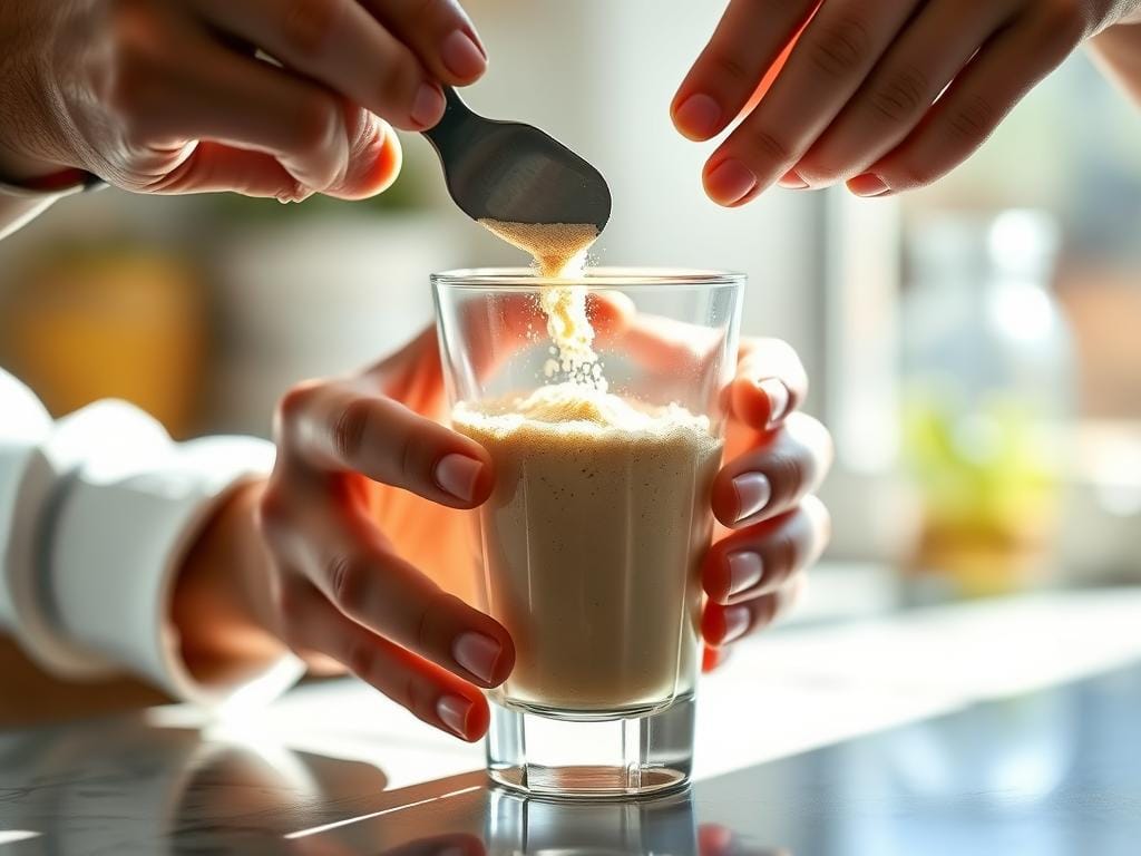 Person mixing Sumatra Slim Belly Tonic powder with water in a glass Person mixing Sumatra Slim Belly Tonic powder with water in a glass