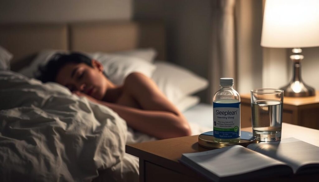 Person peacefully sleeping with Sleeplean bottle on nightstand Person peacefully sleeping with Sleeplean bottle on nightstand