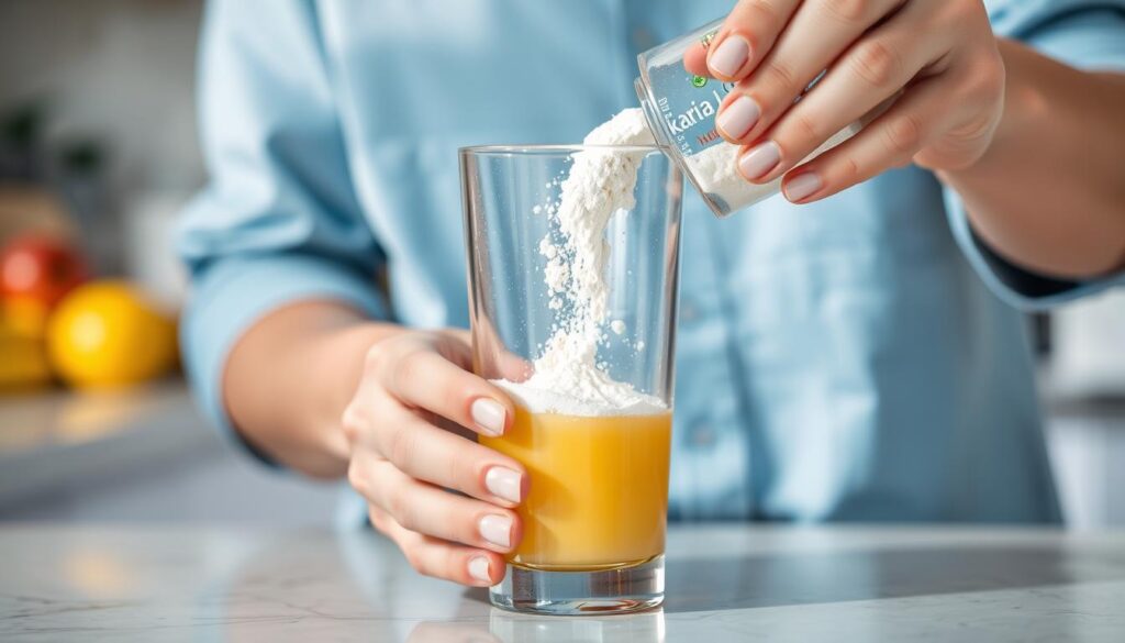 Person preparing Ikaria Juice in a glass with water Person preparing Ikaria Juice in a glass with water