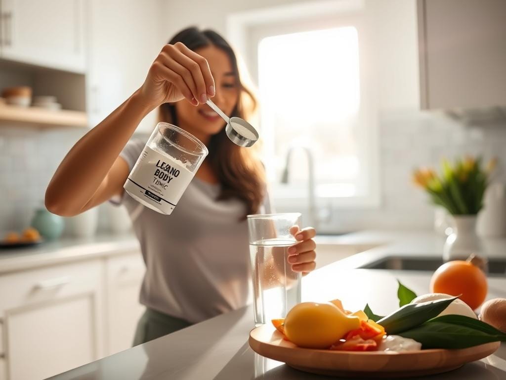 Person preparing Nagano Lean Body Tonic in morning kitchen setting