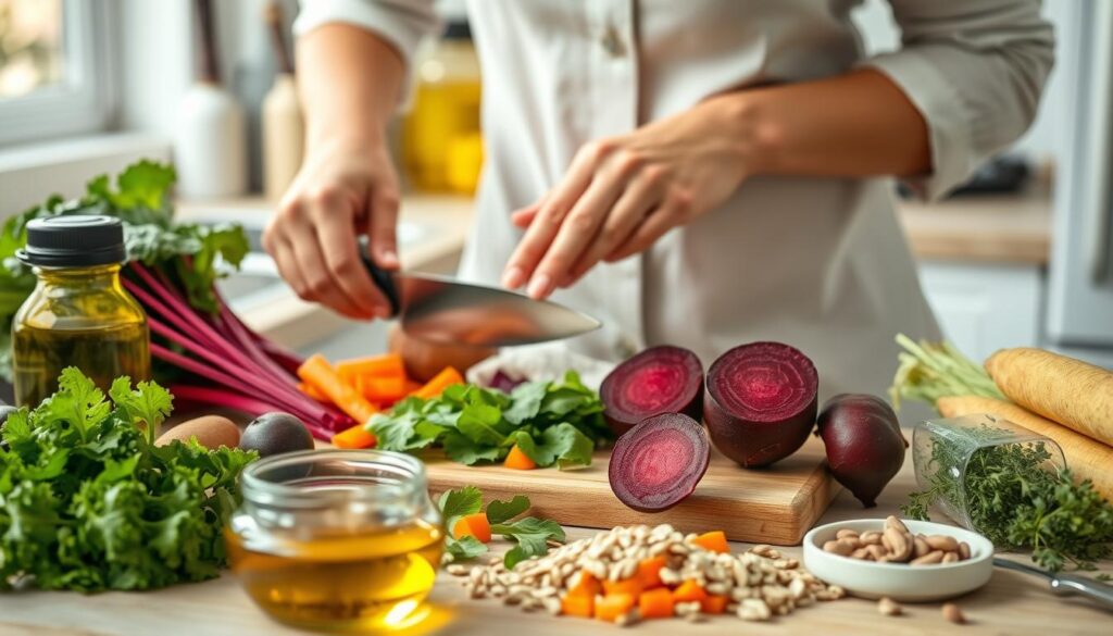 Person preparing a liver-friendly meal with fresh vegetables, whole grains, and healthy fats