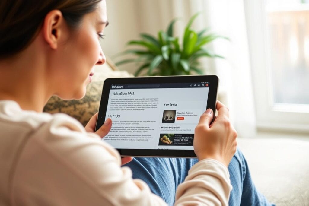 Person reading VolcaBurn product information and FAQs