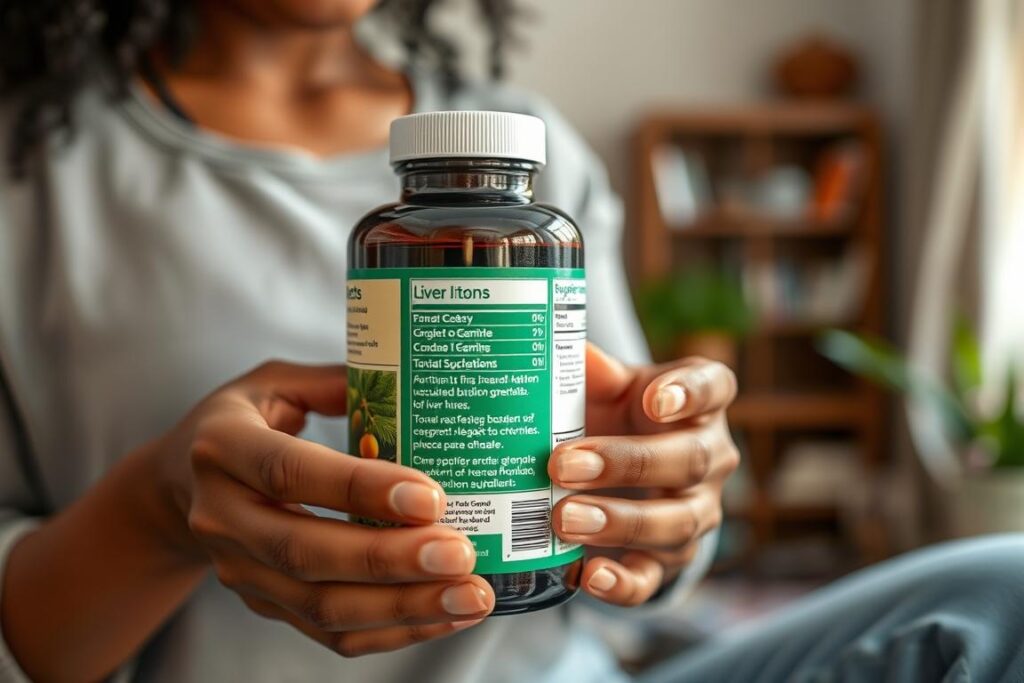 Person reading the label of a liver detox supplement bottle carefully