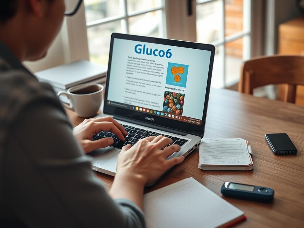 Person researching Gluco6 information on laptop with blood sugar journal nearby