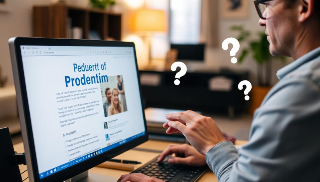 Person researching Prodentim on computer with question marks Person researching Prodentim on computer with question marks