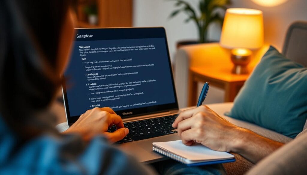 Person researching Sleeplean on a computer with FAQ page visible