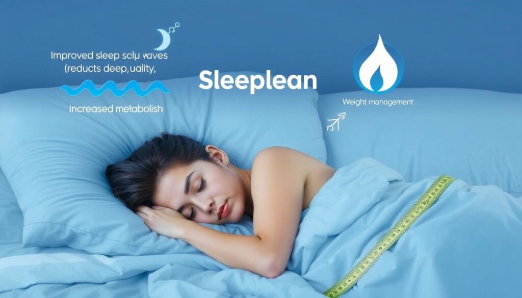 Person sleeping peacefully with Sleeplean benefits illustrated Person sleeping peacefully with Sleeplean benefits illustrated