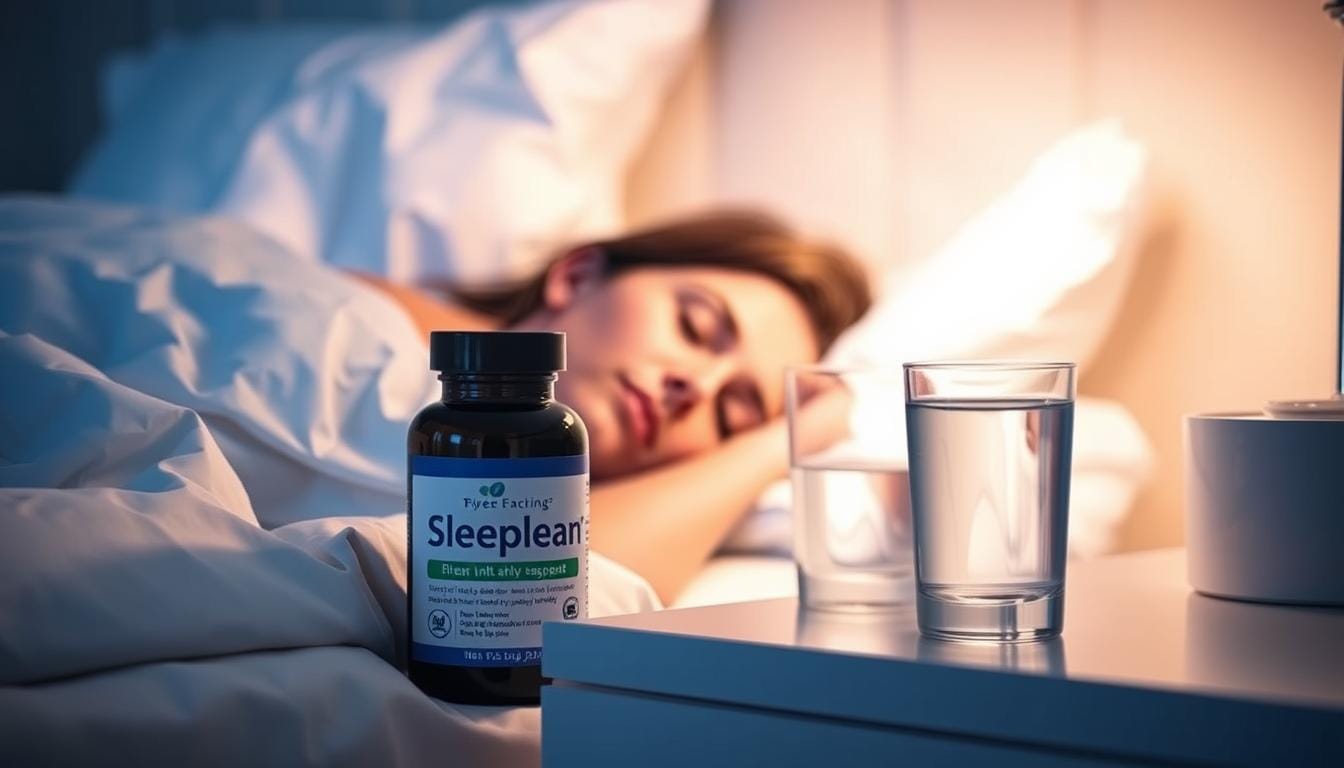 Person sleeping peacefully with Sleeplean supplement bottle on nightstand