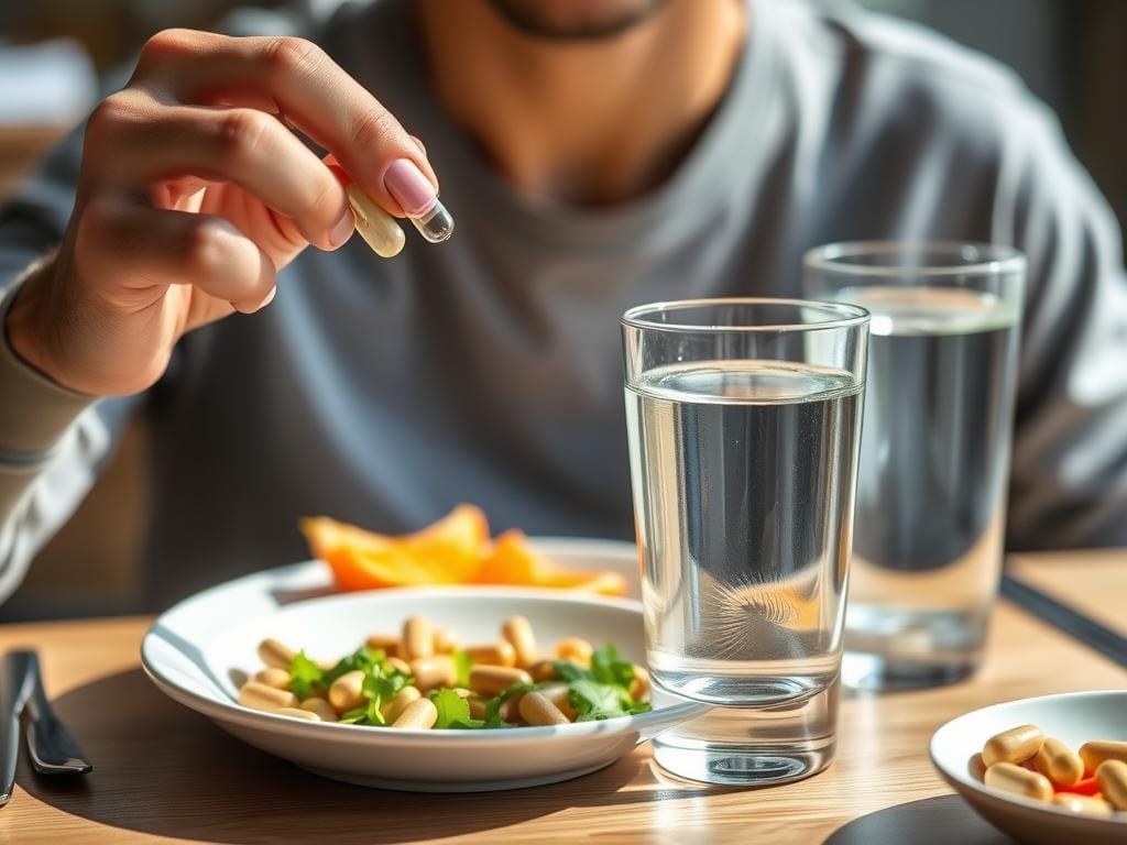 Person taking CardioSlim advanced formula capsules with water Person taking CardioSlim advanced formula capsules with water