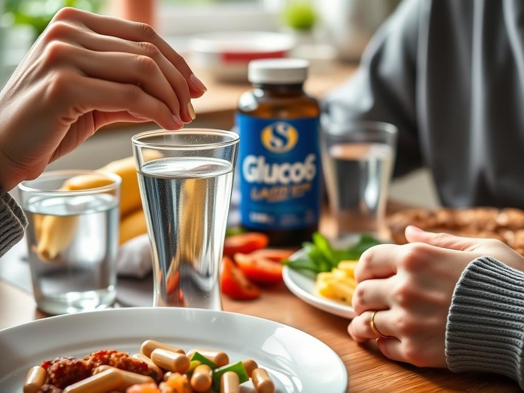 Person taking Gluco6 supplement with breakfast meal
