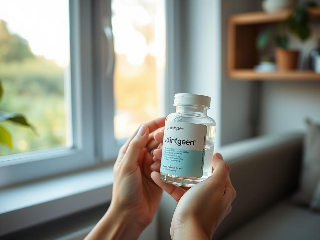 Person taking Jointgen supplement with water Person taking Jointgen supplement with water