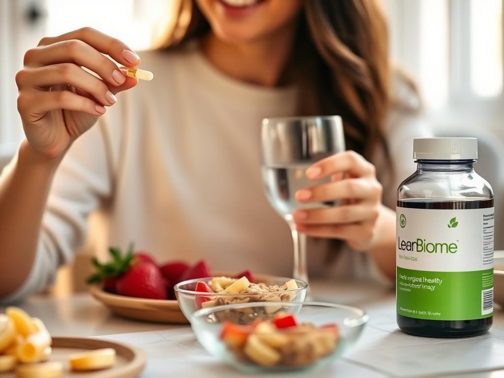 Person taking LeanBiome probiotic capsule with water in the morning for belly fat reduction