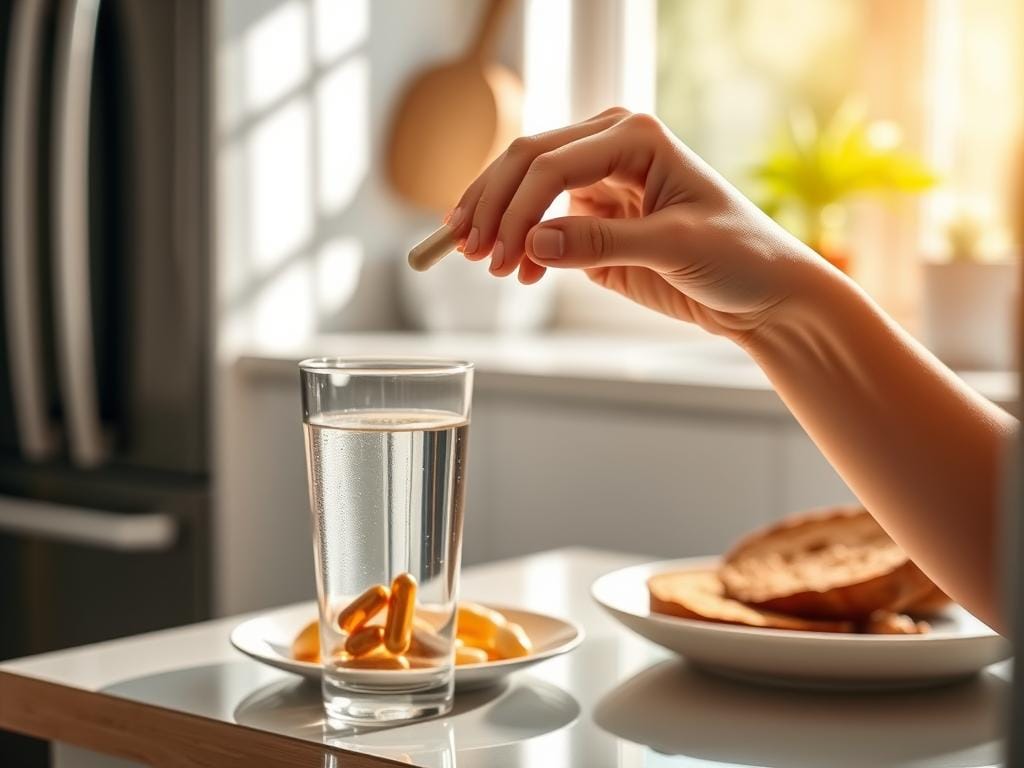 Person taking LeanBiome supplement with water in the morning