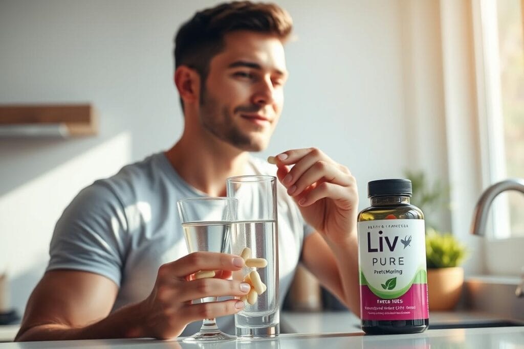 Person taking Liv Pure capsules with water in the morning