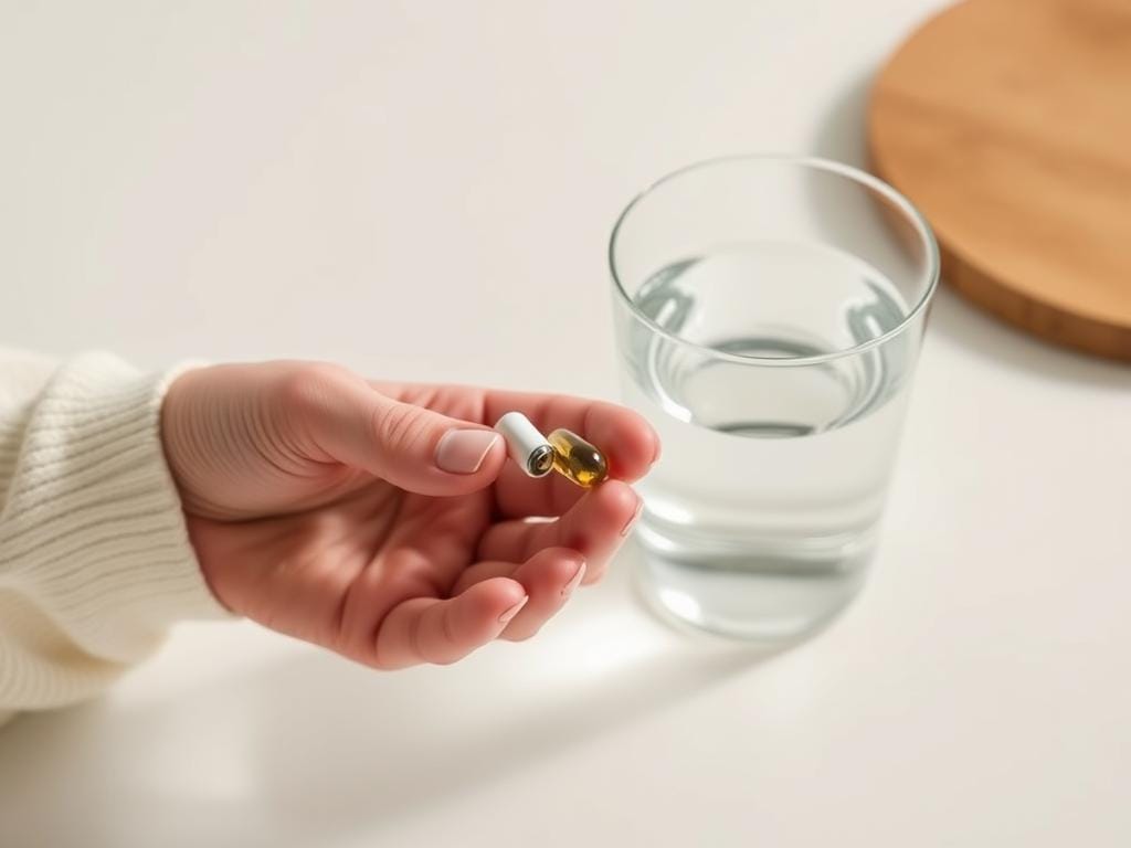 Person taking Sugarmute capsules with a glass of water