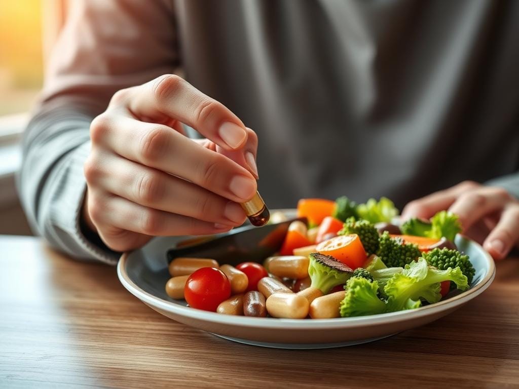 Person taking supplement with a meal to reduce potential side effects Person taking supplement with a meal to reduce potential side effects