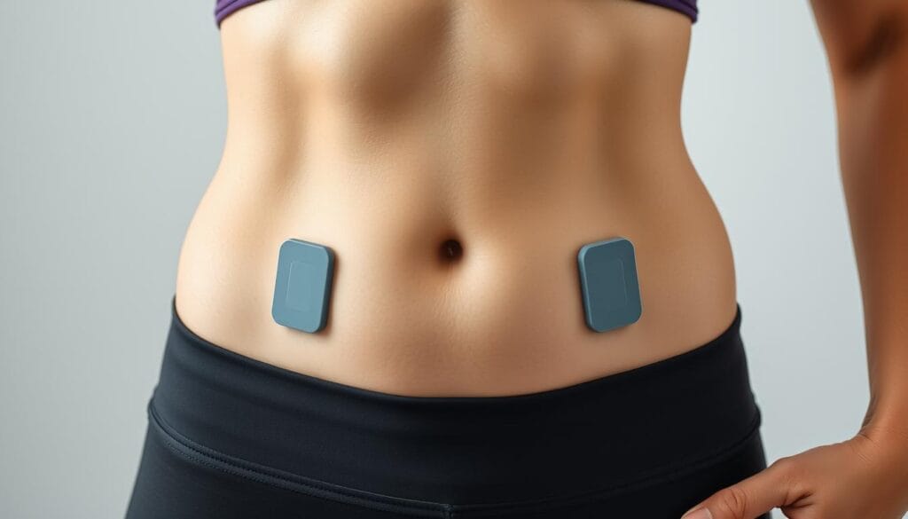 Person using ElecSlim device on their abdomen showing proper placement Person using ElecSlim device on their abdomen showing proper placement