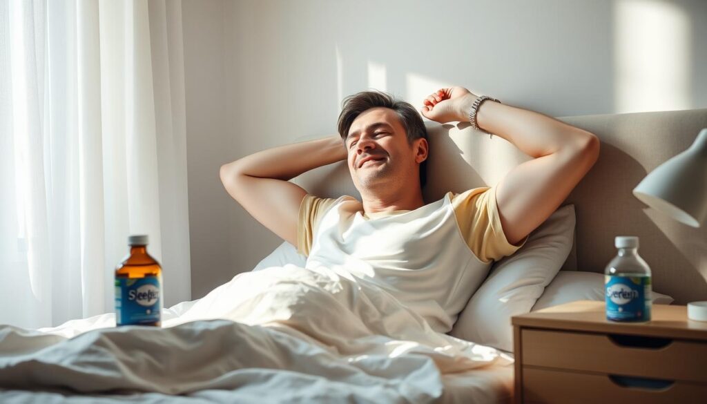 Person waking up refreshed after using Sleeplean supplement Person waking up refreshed after using Sleeplean supplement