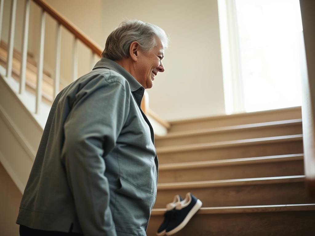Person walking up stairs with less visible discomfort Person walking up stairs with less visible discomfort