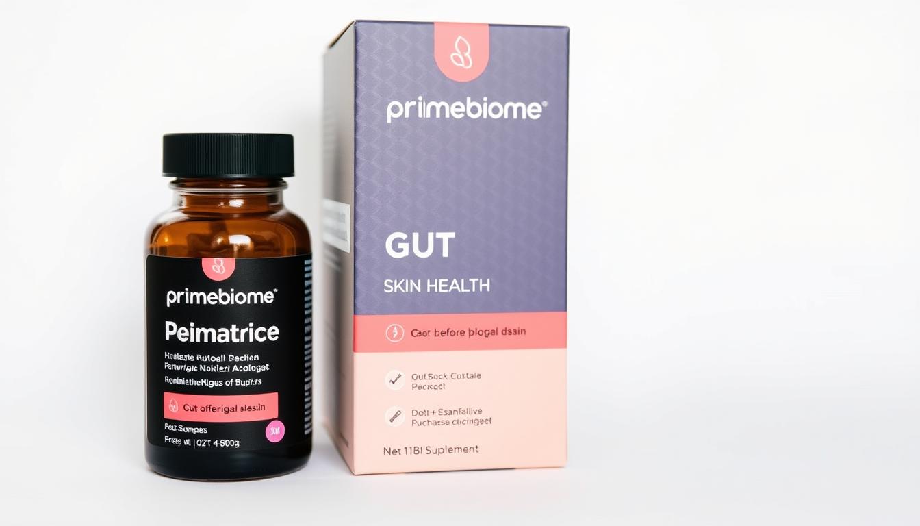 PrimeBiome probiotic supplement bottle and packaging showing the gut-skin health connection