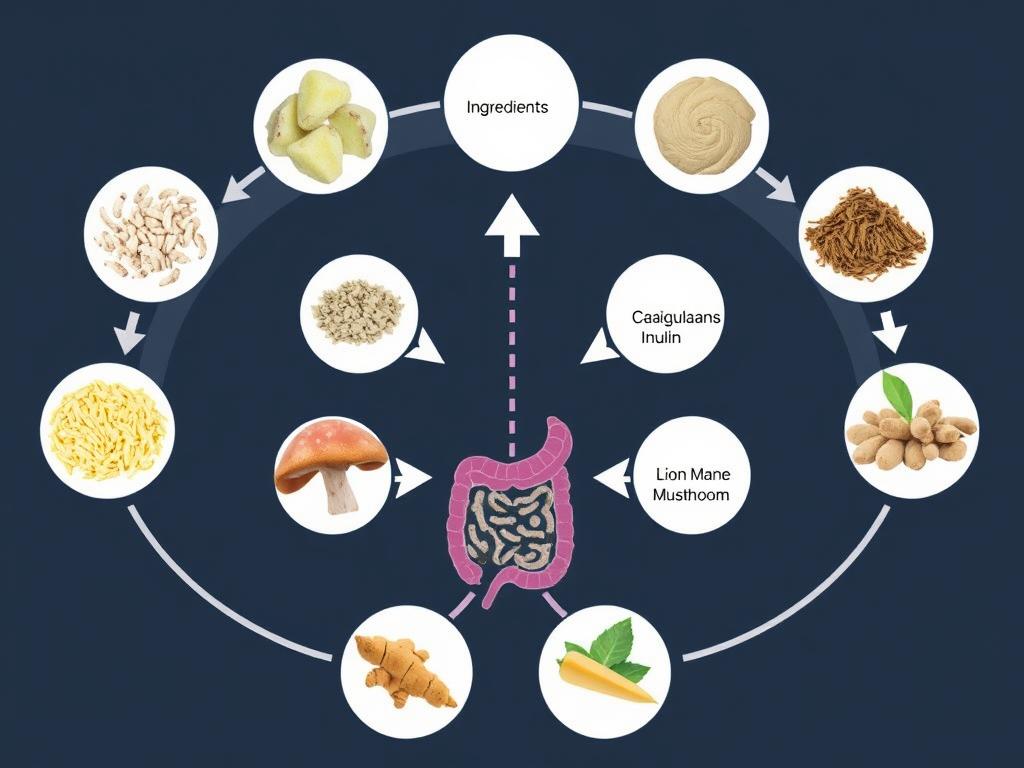 PrimeBiome's key ingredients displayed with scientific visualization of how they support gut health PrimeBiome's key ingredients displayed with scientific visualization of how they support gut health