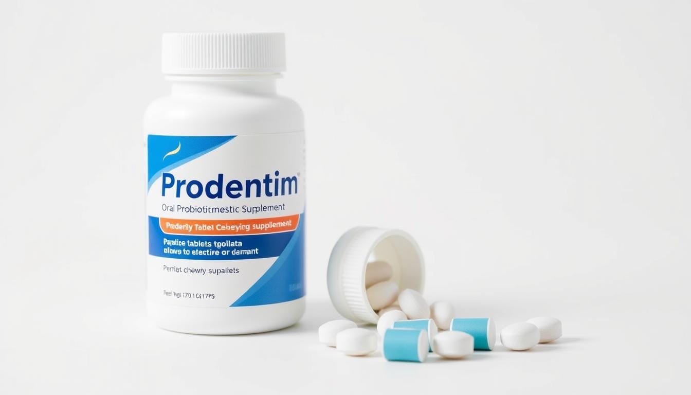 ProDentim bottle and tablets showing the probiotic supplement for oral health