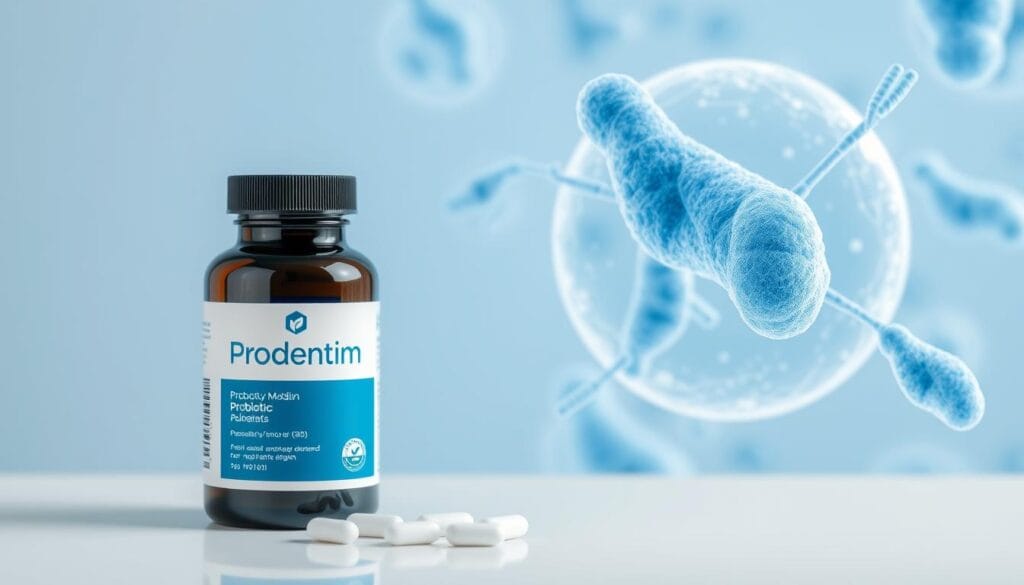 ProDentim bottle and tablets with scientific visualization of probiotics