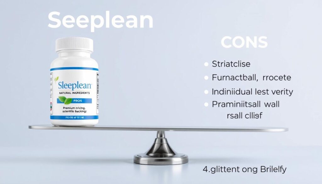 Pros and cons of Sleeplean supplement illustrated with balance scale Pros and cons of Sleeplean supplement illustrated with balance scale