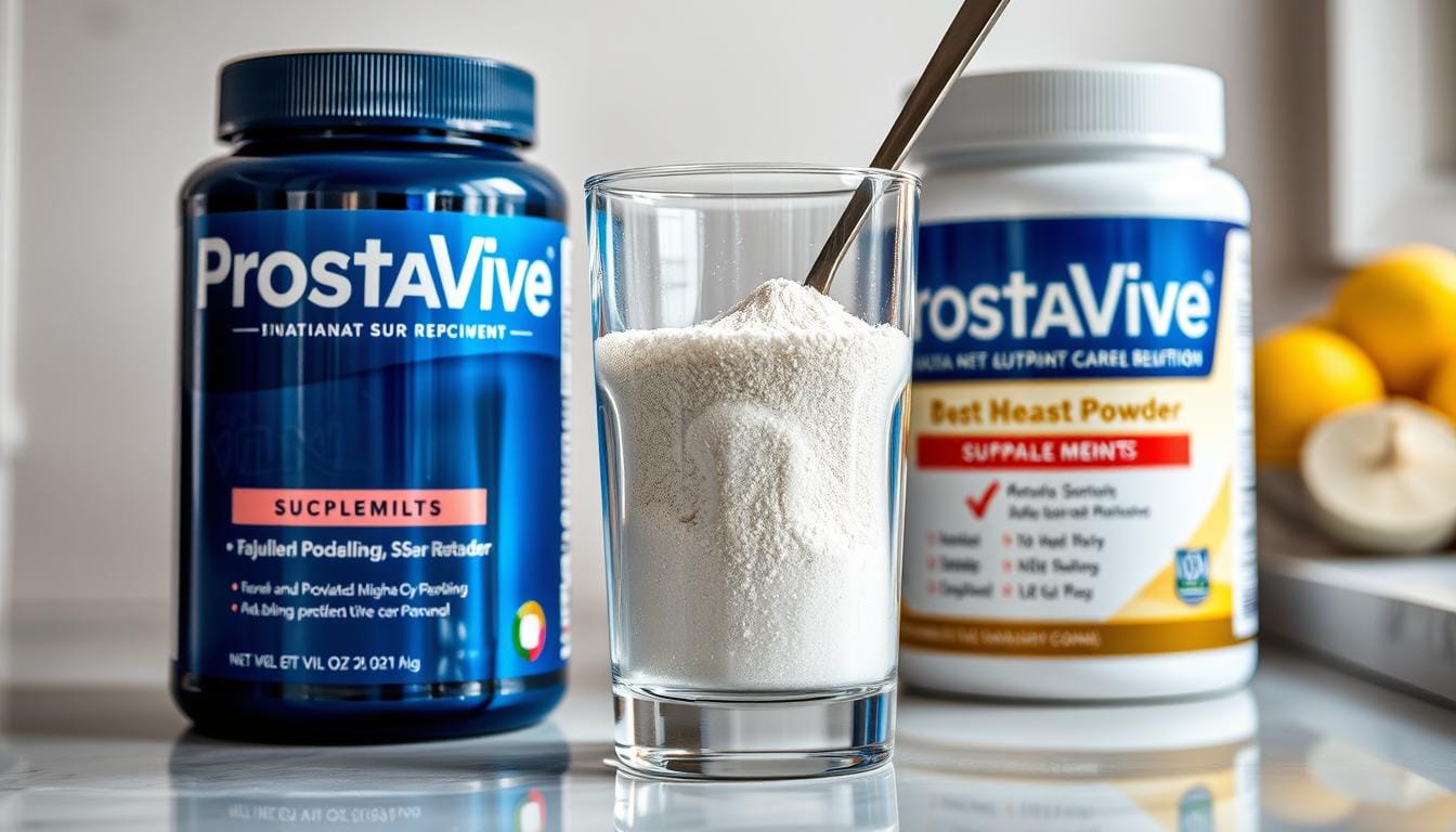 ProstaVive supplement powder being mixed with water in a glass