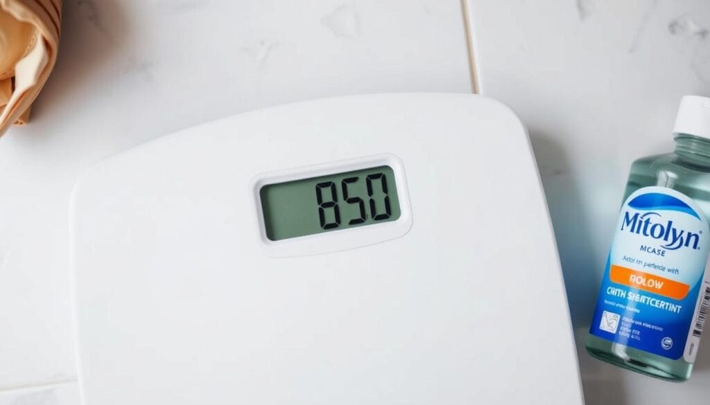 Scale showing realistic weight loss expectations with Mitolyn