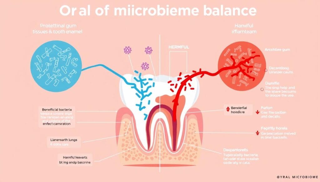 Scientific diagram of oral microbiome balance and its effect on gum health