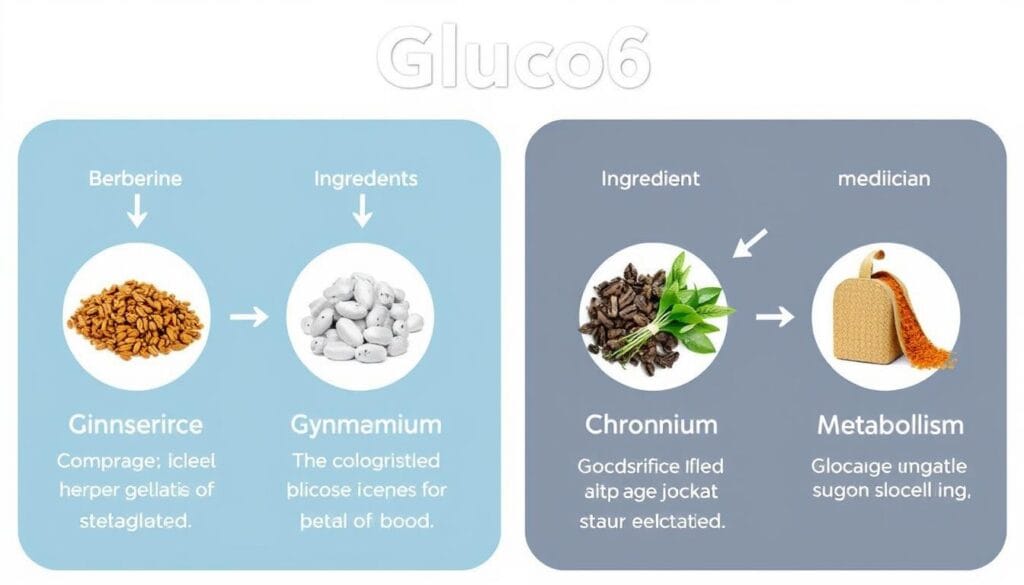 Scientific illustration of Gluco6 key ingredients and their effects on blood sugar metabolism