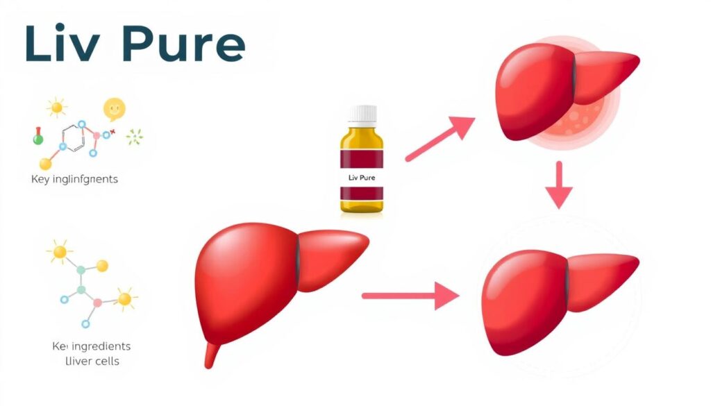 Scientific illustration of Liv Pure key ingredients and their effects on liver cells
