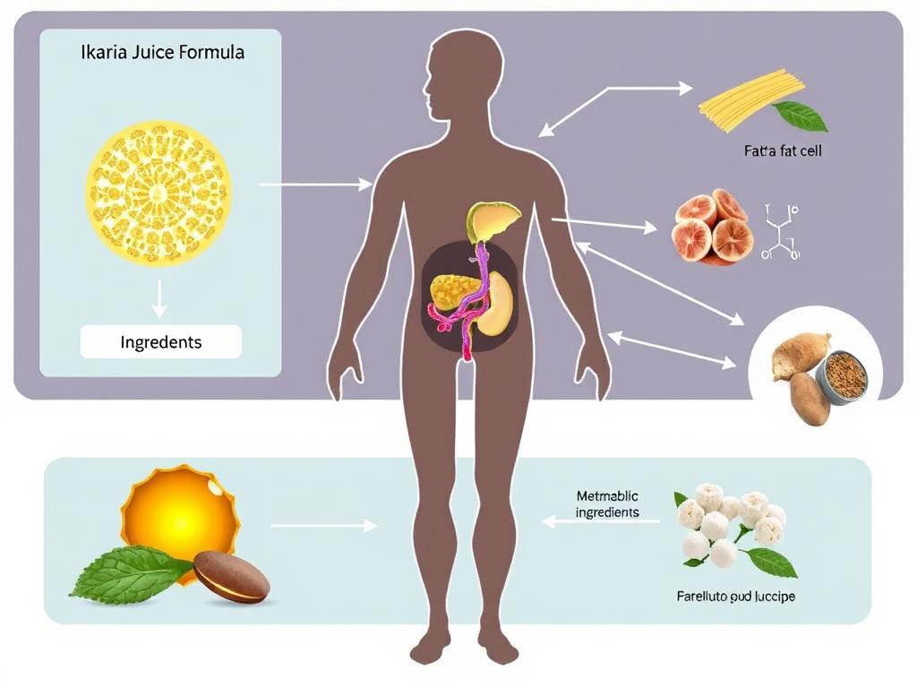 Scientific illustration of how Ikaria Juice formula ingredients work within the body's metabolic pathways Scientific illustration of how Ikaria Juice formula ingredients work within the body's metabolic pathways