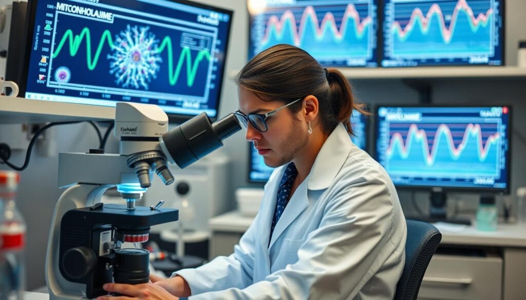 Scientific researcher analyzing mitochondrial function in a laboratory setting