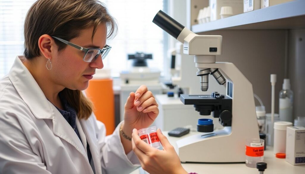 Scientist examining oral bacteria samples in a laboratory Scientist examining oral bacteria samples in a laboratory