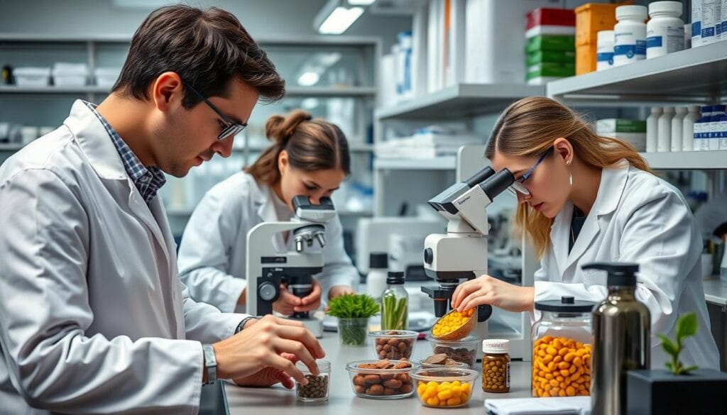 Scientists in lab examining supplement ingredients