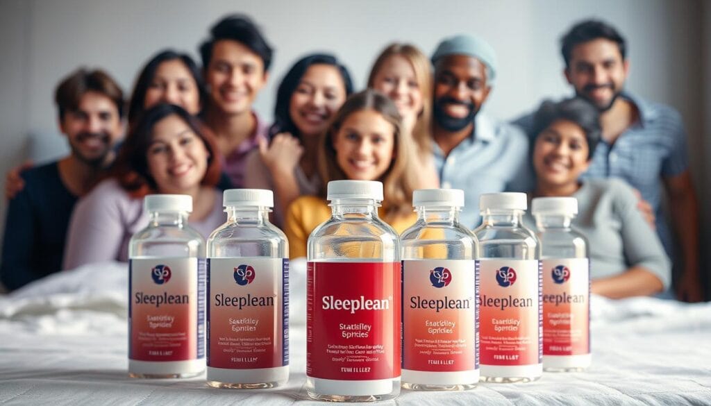Sleeplean bottles with satisfied customers in the background