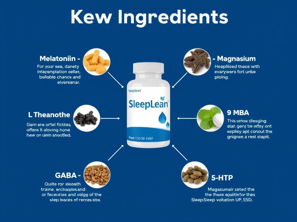 Sleeplean key ingredients displayed with their benefits for sleep and weight loss Sleeplean key ingredients displayed with their benefits for sleep and weight loss