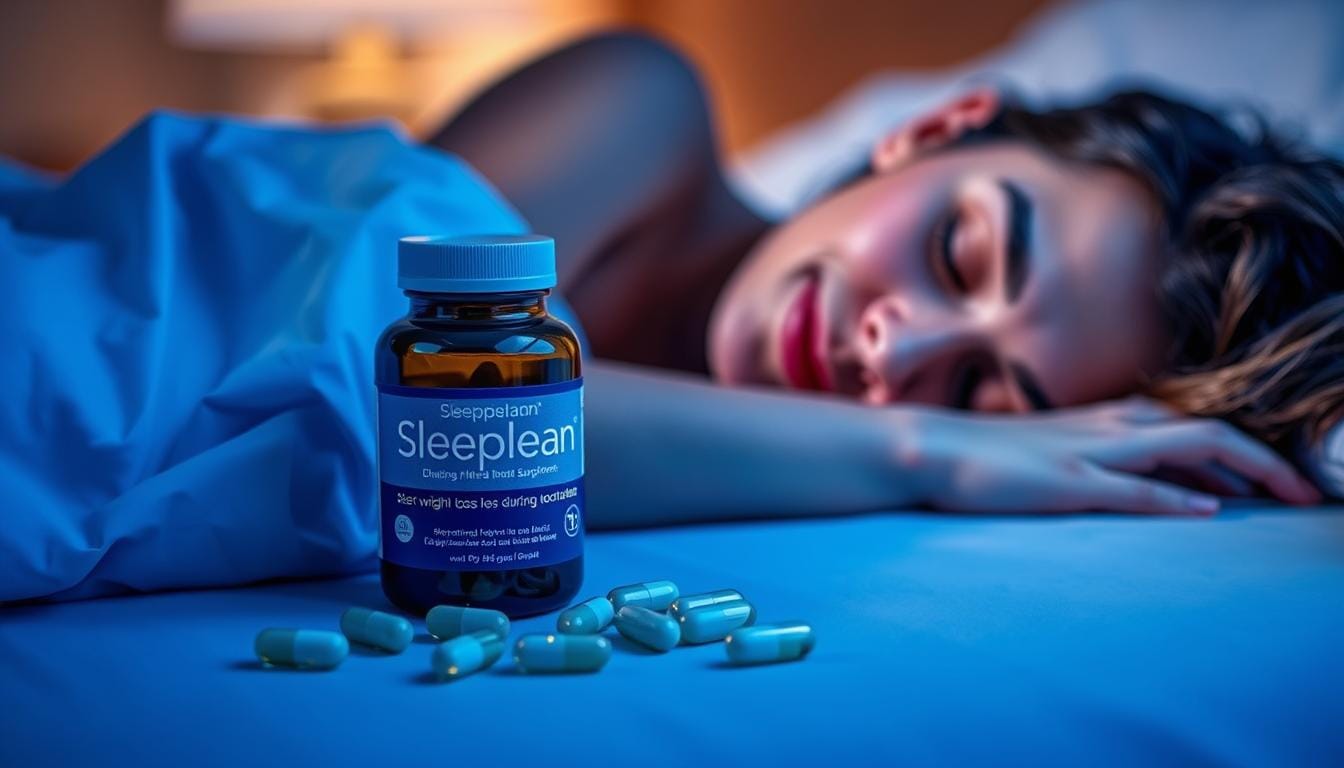 Sleeplean supplement bottle and capsules on a nightstand next to a peaceful sleeping person