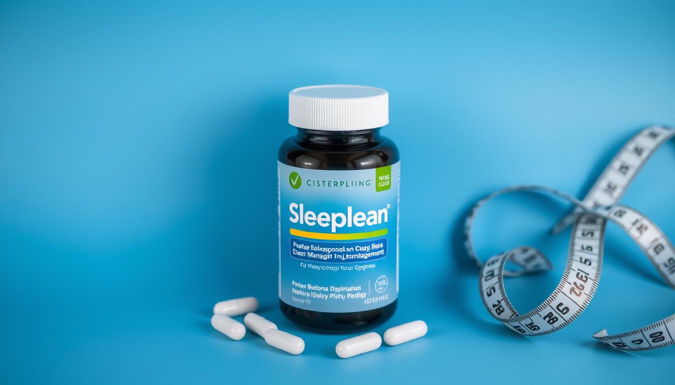 Sleeplean supplement bottle and capsules with sleep and weight loss imagery