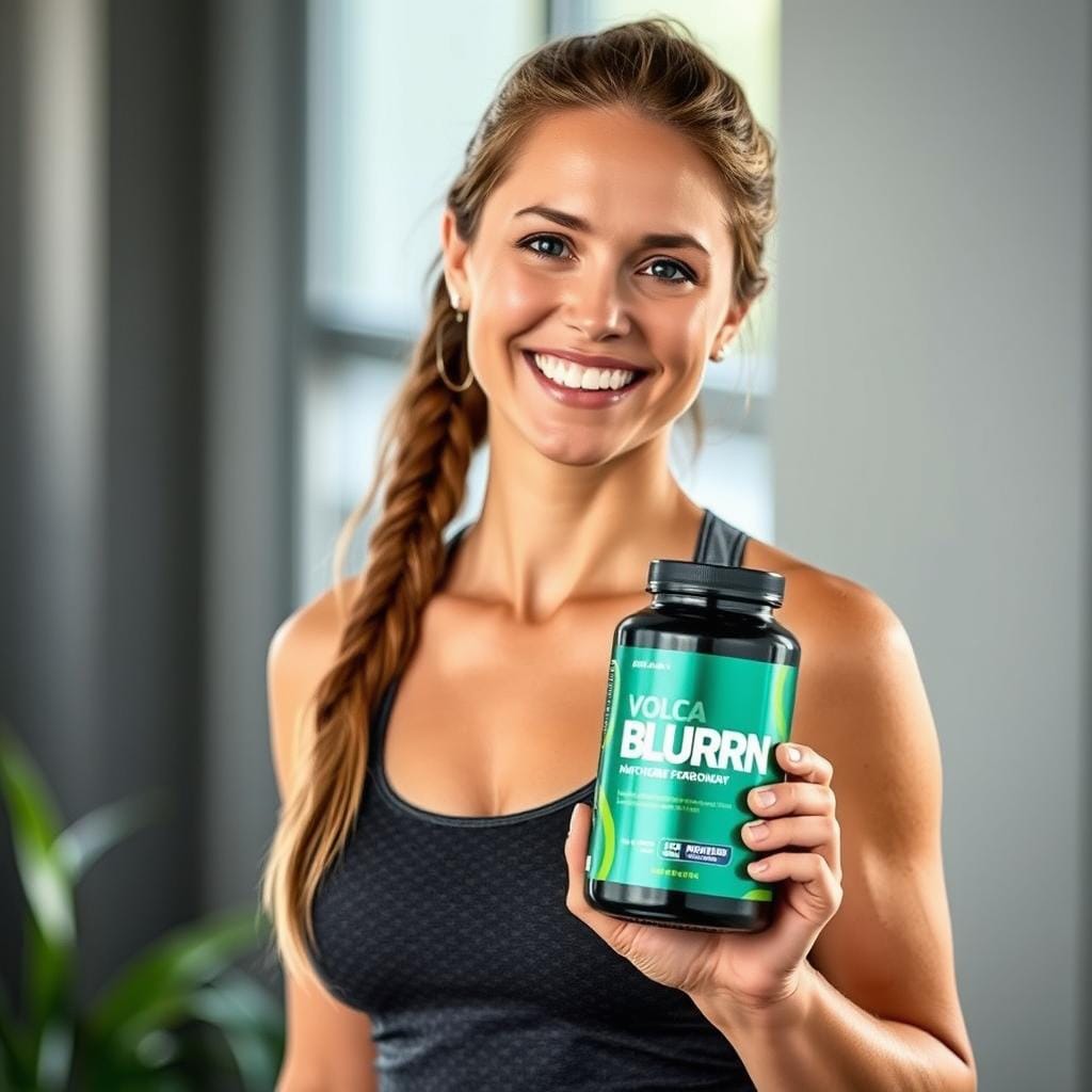 Smiling woman showing weight loss success with VolcaBurn