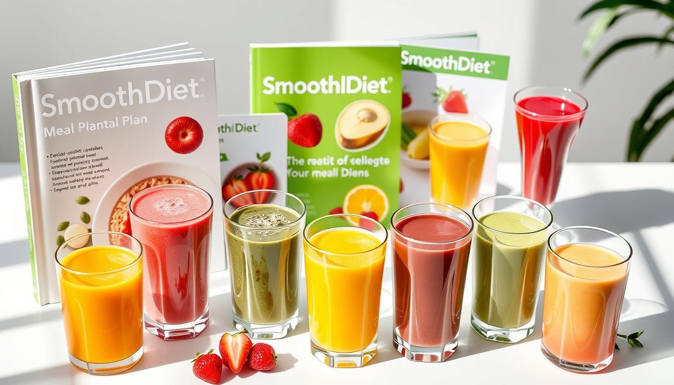 SmoothDiet program components showing recipe book, meal plans and colorful smoothies in glasses