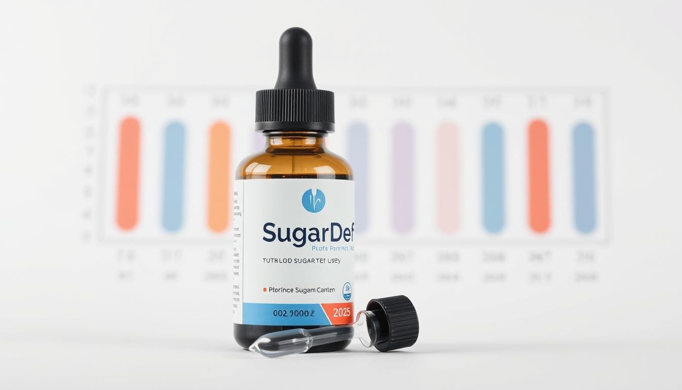 SugarDef supplement bottle and drops against a background showing balanced blood sugar levels chart for 2025 review