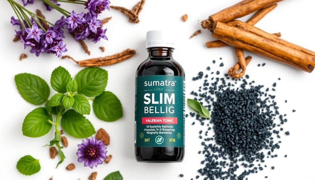 Sumatra Slim Belly Tonic bottle with natural ingredients spread around it Sumatra Slim Belly Tonic bottle with natural ingredients spread around it