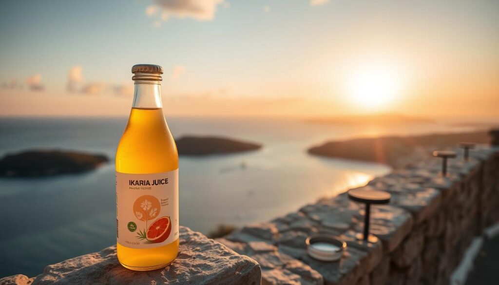 Sunset over Ikaria island with bottle of Ikaria Juice in foreground Sunset over Ikaria island with bottle of Ikaria Juice in foreground