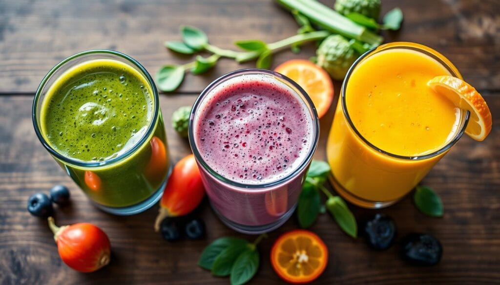 Three different SmoothDiet smoothies in glasses with ingredients displayed