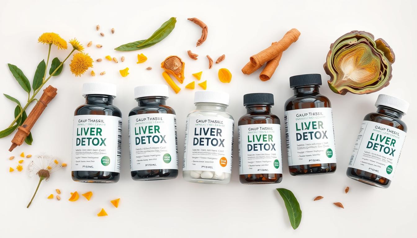 Various liver detox supplement bottles with natural ingredients like milk thistle, dandelion, and turmeric surrounding them
