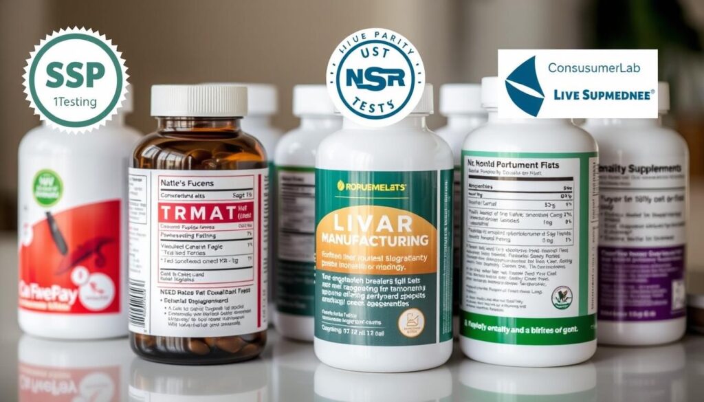 Various liver supplement bottles showing third-party testing certifications and quality indicators
